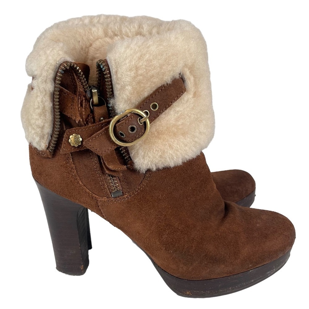 UGG Australia Womens Scarlett Sheepskin Cuff Heeled Brown Leather Ankle Boots